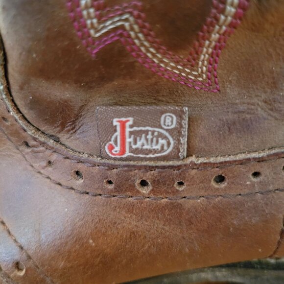Justin Western Boots 7.5B Leather Brown Pink Stitching GYPSY Western Cowboy - Picture 5 of 9